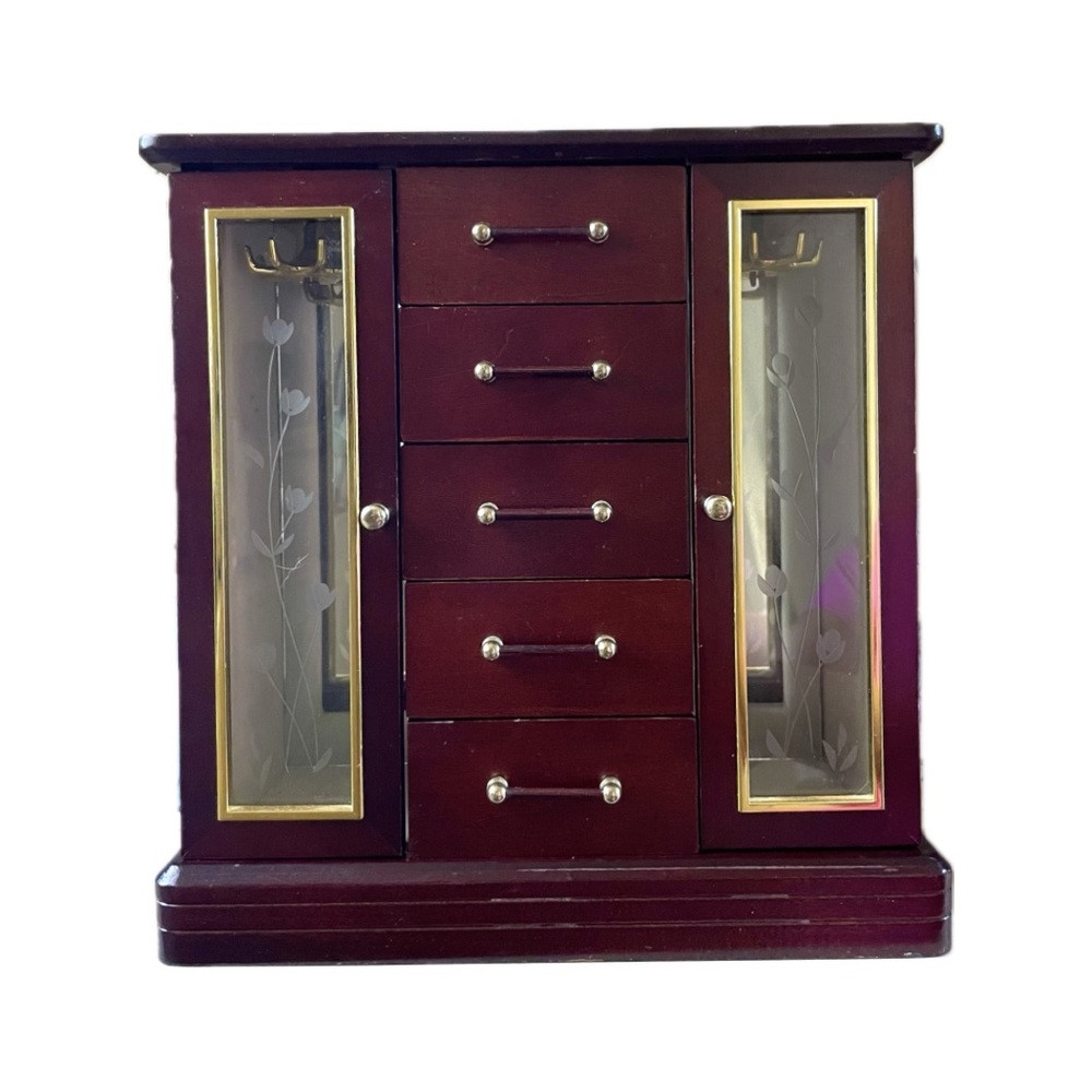 Vintage Red Wood Jewelry Organizer Cabinet